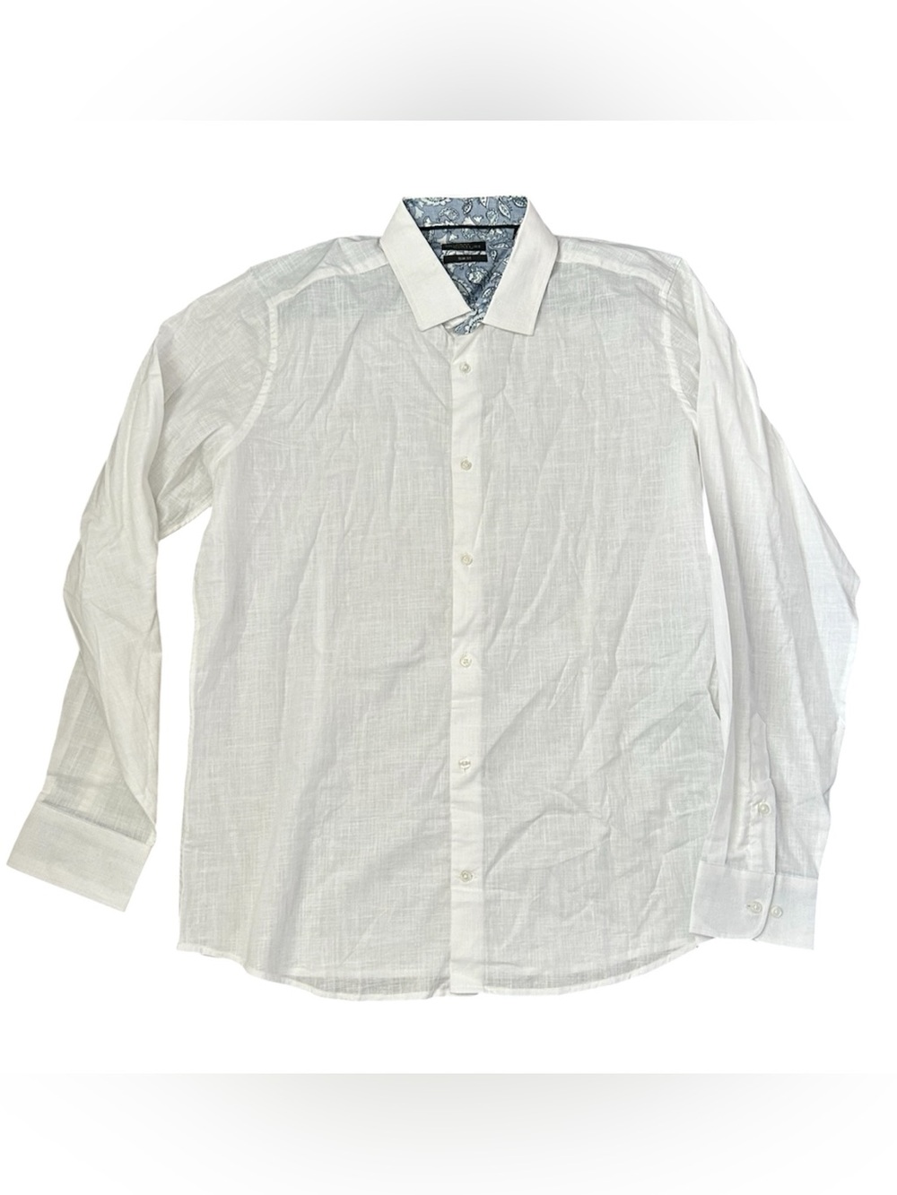 next White Long-Sleeve Dress Shirt with Blue Patterned Inner Collar
